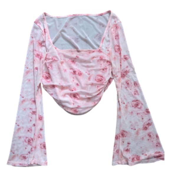 none Tops - Floral Pink Mesh Top Flare Sleeve Squareneck ruched cropped drape waist openneck